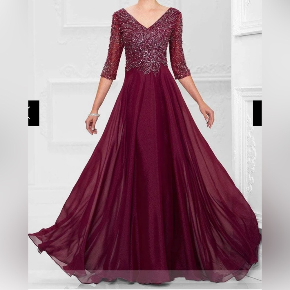 Mon Cheri Burgundy Long Sleeve Gown